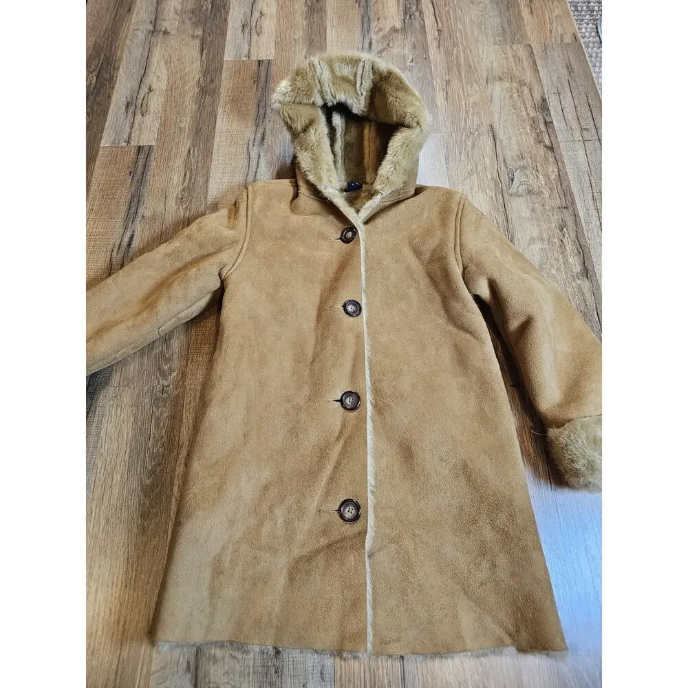 Gap Kids Faux Suede/Fur‎ Lined Hoodie Jacket Brown Button Girls Size 5/6 EUC